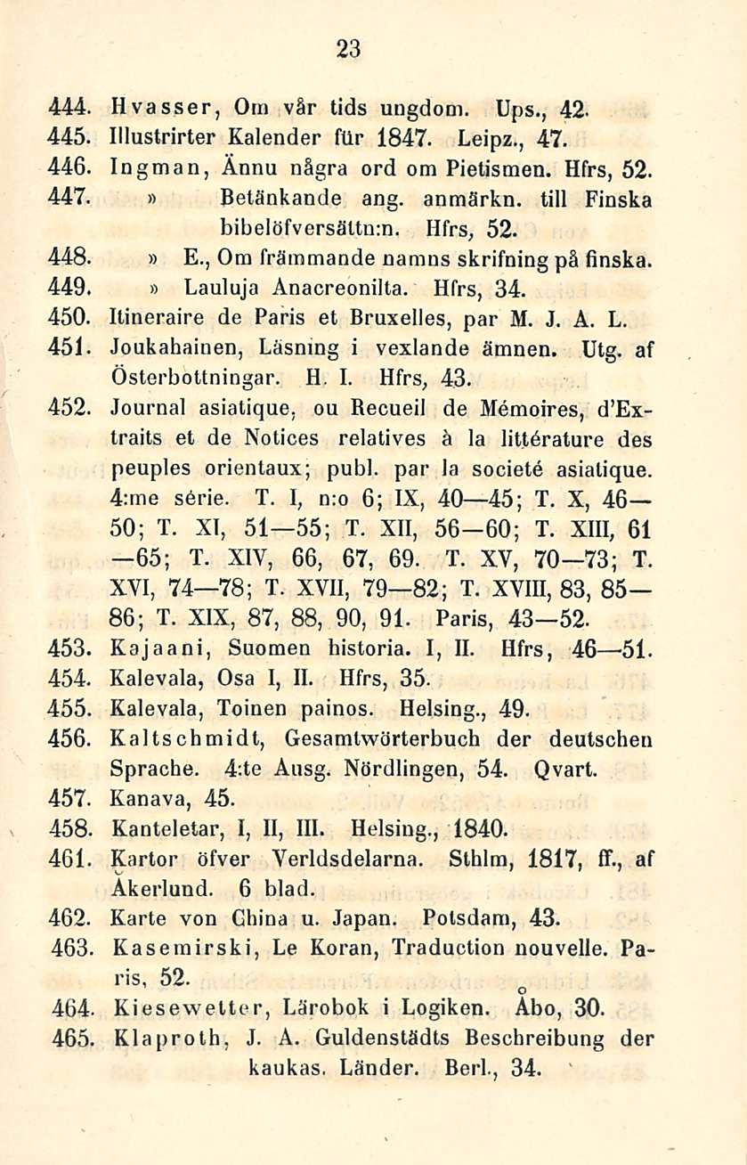 23 444. Hvasser, Om vår tids ungdom. Ups., 42-445. Illustrirter Kalender f(lr 1847. Leipz., 47. 446. Ingman, Annu några ord om Pietismen. Hfrs, 52. 447. Betänkande ang. anmärkn.