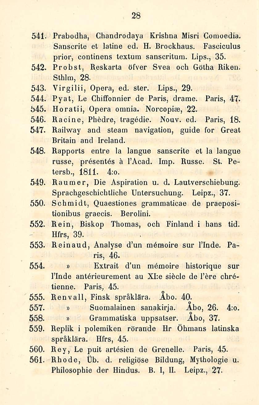 28 541. Prabodha, Chandrodaya Krishna Misri Comoedia. Sanscrite et latine ed. H. Brockhaus. Fasciculus prior, continens textum sanscritum. Lips., 35. 542. Probst, Reskarta öfver Svea ooh Götha Riken.