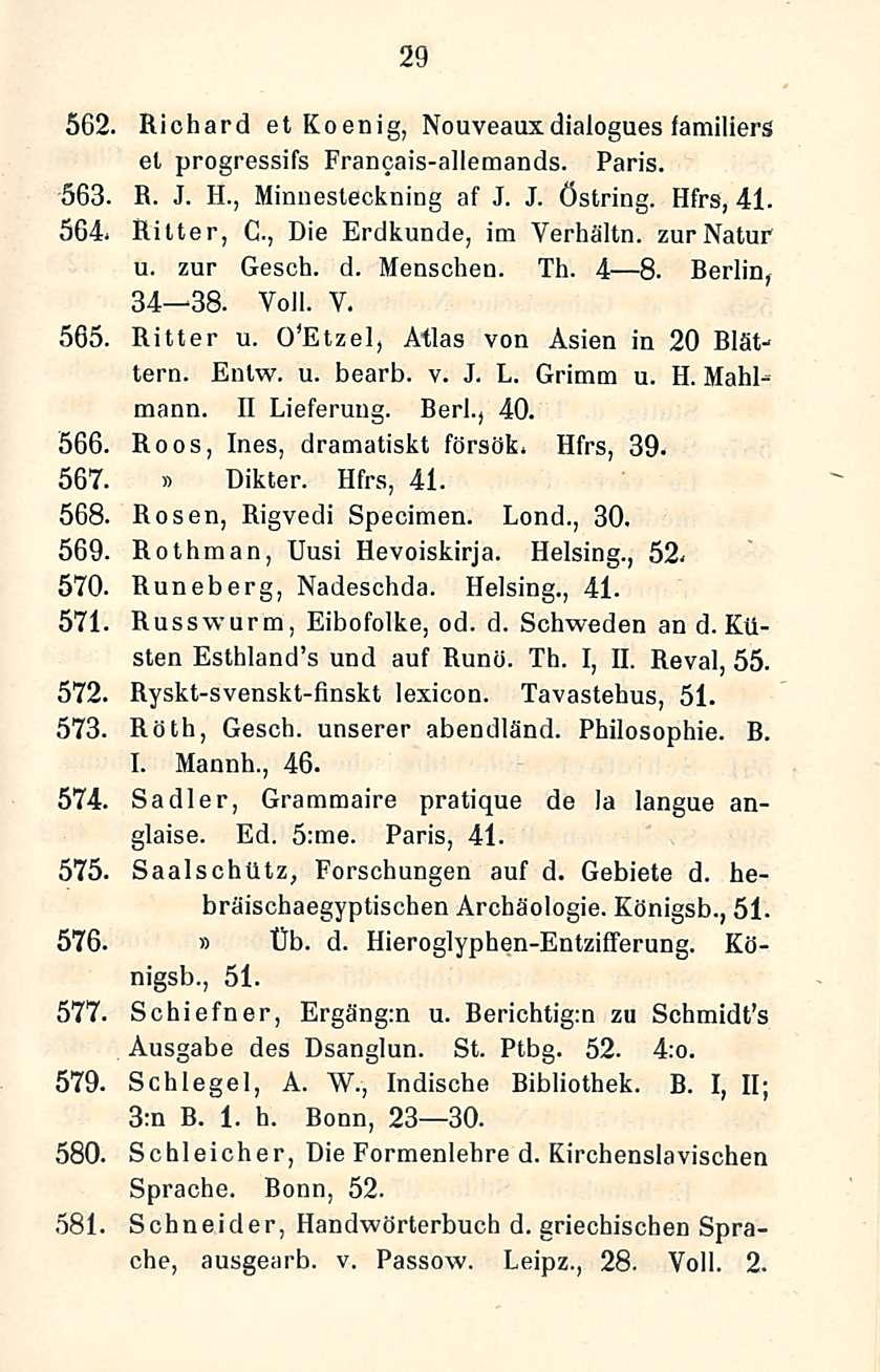 29 562. Richard et Koenig, Nouveaux dialogues familiers el progressifs Francais-allemands. Paris. 563. R. J. H., Mirmesteckning af J. J. Östring. Hfrs, 41. 564. Rilter, C., Die Erdkunde, im Verhältn.