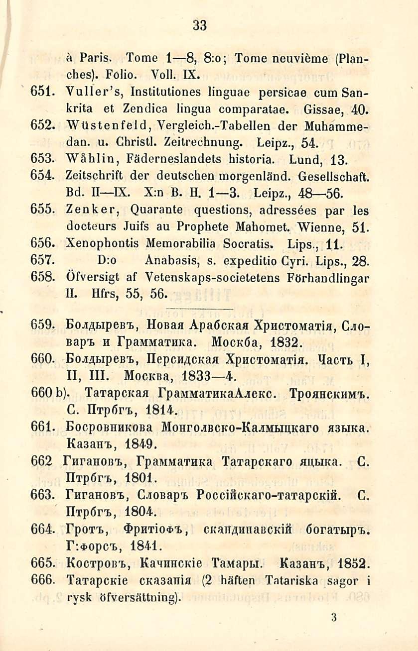 33 ä Paris. Tome I B,1 8, 8:o; Torae neuvibme (Planches). Folio. Yoll. IX. 651. Vuller s, Instituliones linguae persicae cum Sankrita et Zendica lingua comparatae. Gissae, 40. 652.