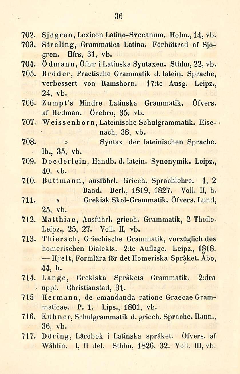 36 702. Sjögren, Lexicon Latino-Svecanum. Holm., 14, vb. 703. Streling, Grammatica Latina. Förbättrad af Sjögren. Hfrs, 31, vb. 704. 705. Ödmann, Öfn:r ilatinska Syntaxen. Sthlm, 22, vb.