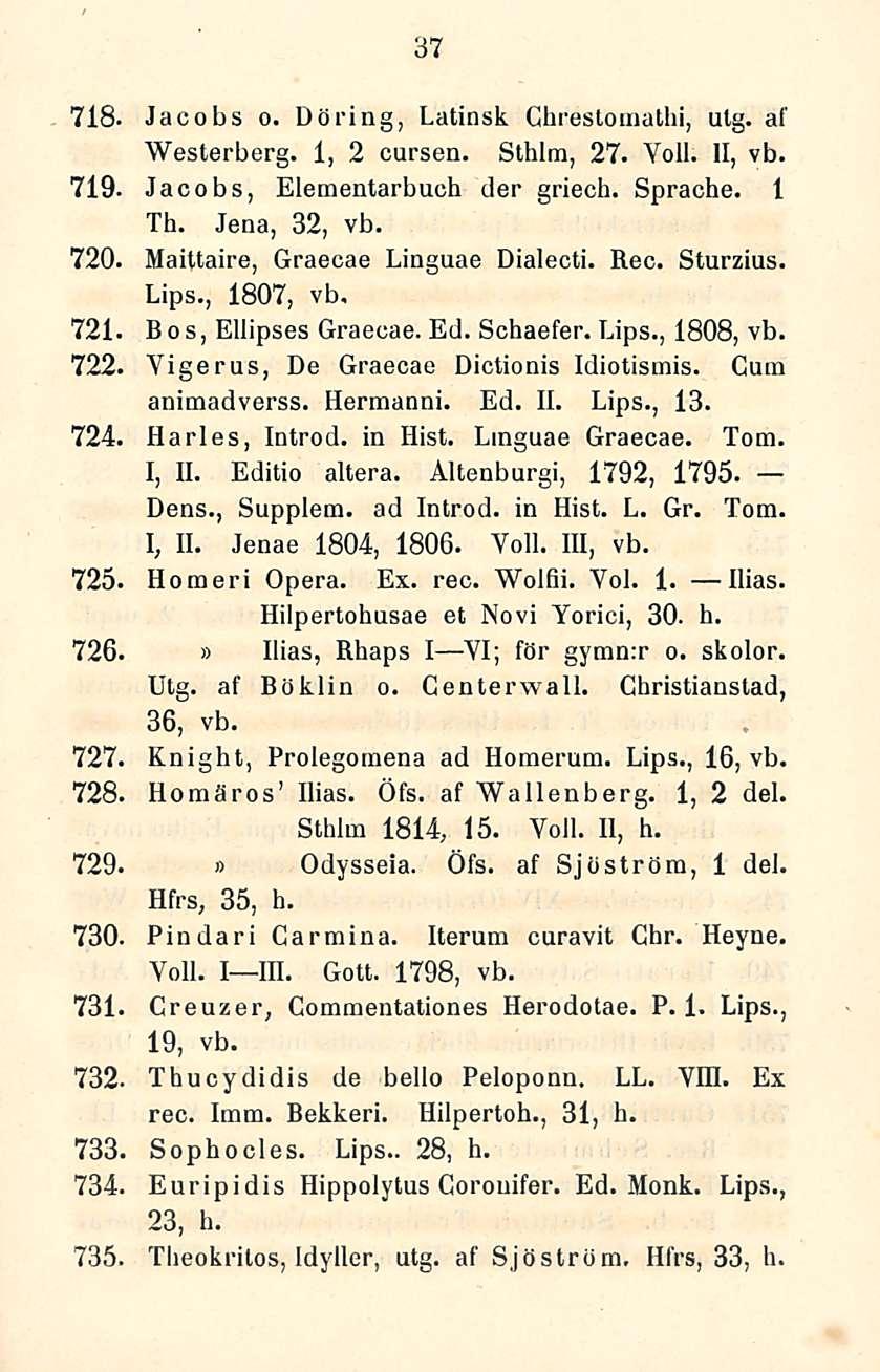 37 718. Jacobs o. Döring, Latinsk Chrestornathi, utg. af Westerberg. 1, 2 cursen. Sthlm, 27. Yoll. 11, vb. 719. Jacobs, Elementarbuch der griech. Sprache. 1 Th. Jena, 32, vb. 720.