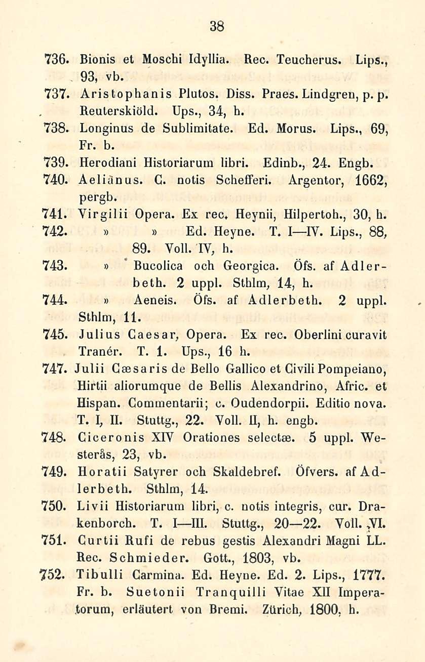38 736. Bionis et Moschi Idylliä. Rec. Teucherus. Lips., 93, vb. 737. Aristophanis Plutoa. Diss. Praes. Lindgren, p. p. Reuterskiöld. Ups., 34, h. 738. Longinus de Sublimitate. Ed. Morus. Lips., 69, Fr.