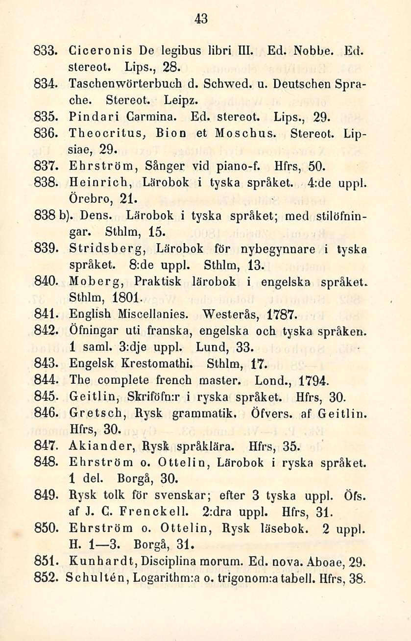 43 833. Ciceronis De legibus libri 111. Ed. Nobbe. Ed. stereot. Lips., 28. 834. Taschenwörterbuch d. Schwed. u. Deutschen Sprache. Stereot. Leipz. 835. Pindari Carmina. Ed. stereot. Lips., 29. 836.