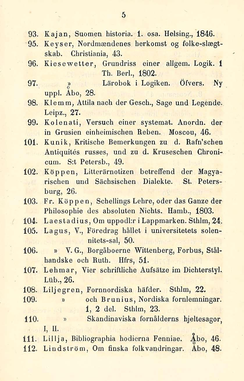 5 93. Kajan, Suomen historia. 1. osa. Helsing., 1846. 95. Keyser, Nordmsendenes herkomst og folke-slsegtskab. Christiania, 43. 96. Kiesewetter, Grundriss einer allgem. Logik. 1 Th. Berl., 1802. 97.