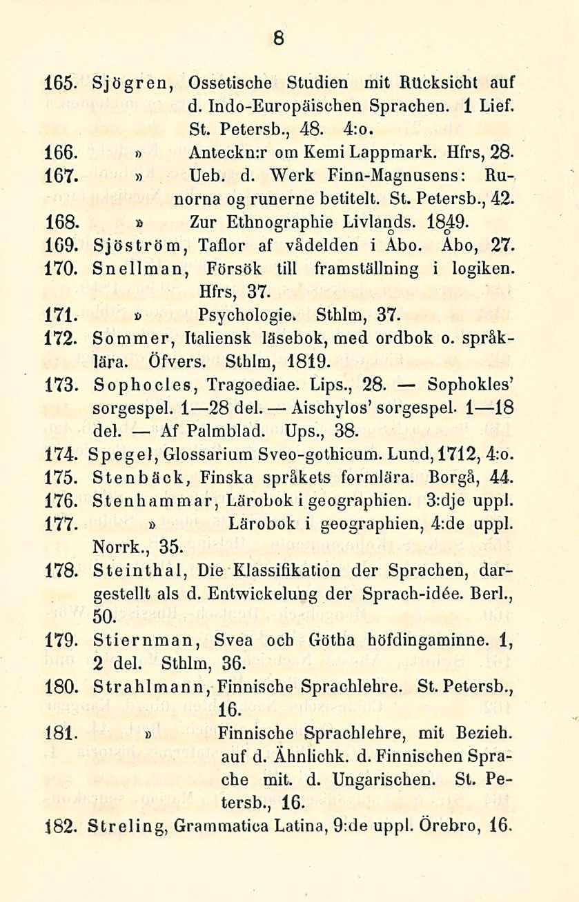 8 165. Sjögren, Ossetische Stadien mit Rtloksicht auf d. Indo-Europäischen Sprachen. 1 Lief. St. Petersb., 48. 4;o. 166, Anteckmr om Kemi Lappmark. Hfrs, 28-167. Ueb. d. Werk Finn-Magnusens: Runorna og runerne betitelt.