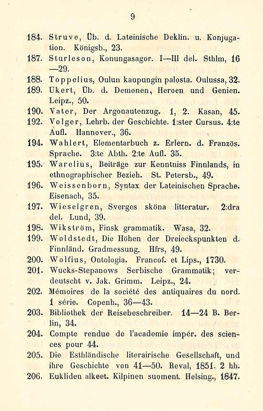 9 184. Struve, t)b. d. Lateinische Deklin. u. Konjugation. Königsb., 23. 187. Sturleson, Konungasagor. I III del. Sthlm, 16 29. 188. Toppelius, Oulun kaupungin palosta. Oulussa, 32. 189. Ukert, tlb.