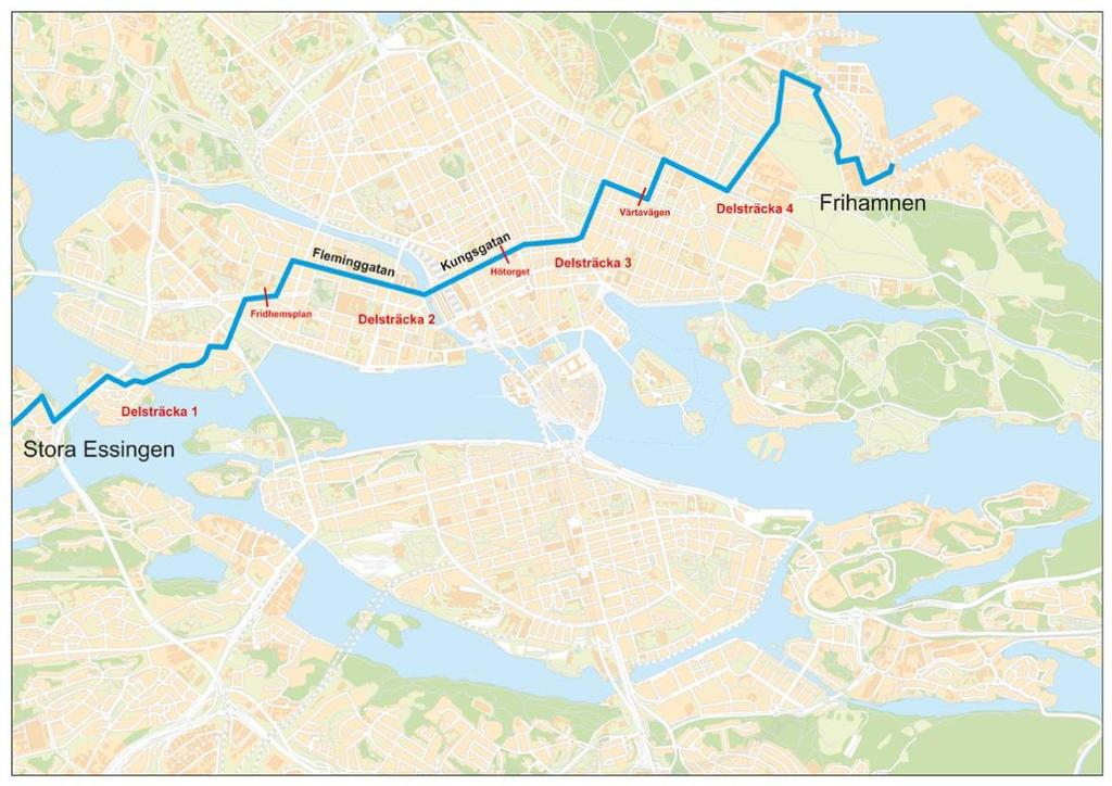 3.1 Linje 1 Stora Essingen Frihamnen Linje 1 kör mellan Stora Essingen och Frihamnen (se figur 3).