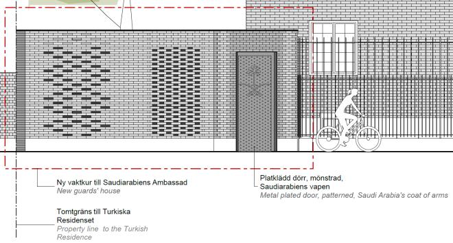 Sida 12 (15) Norra elevationen av den föreslagna vaktkuren mot Dag Hammarskjölds väg. Komplementbyggnaden som föreslår i nordvästra delen av fastigheten ska tydligt underordna sig huvudbyggnaden.