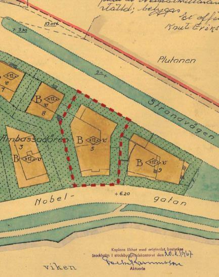 Sida 6 (15) Del av gällande Stadsplan för kvarteret Diplomaten, Ambassadören och Kyrktomten från år 1938. Planområdet är markerat med rödstreckad linje.