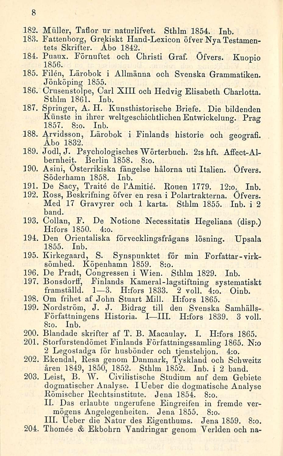 8 Möller, 188. 184 185, 186. 187, 188, 189, ]9O. 191 192, 193, 194, 195. 196, 197, 198, 199, 200, 201 202, 203 204, Taflor ur natnrlifvet. Sthlm 1854. Inb.