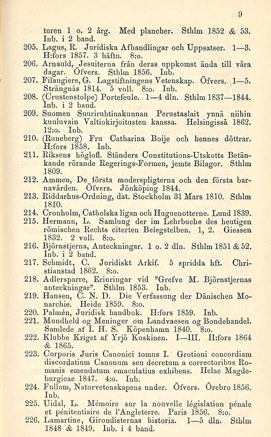 205. 206. 207. turen 1 o. 2 årg. Med plancher. Sthlm 1852 & 53. Inb. i 2 band. Lagus, R. Juridiska Åfhandlingar ocb Uppsatser. I 3. H;fors 1857. 3 häftn. 8:o.
