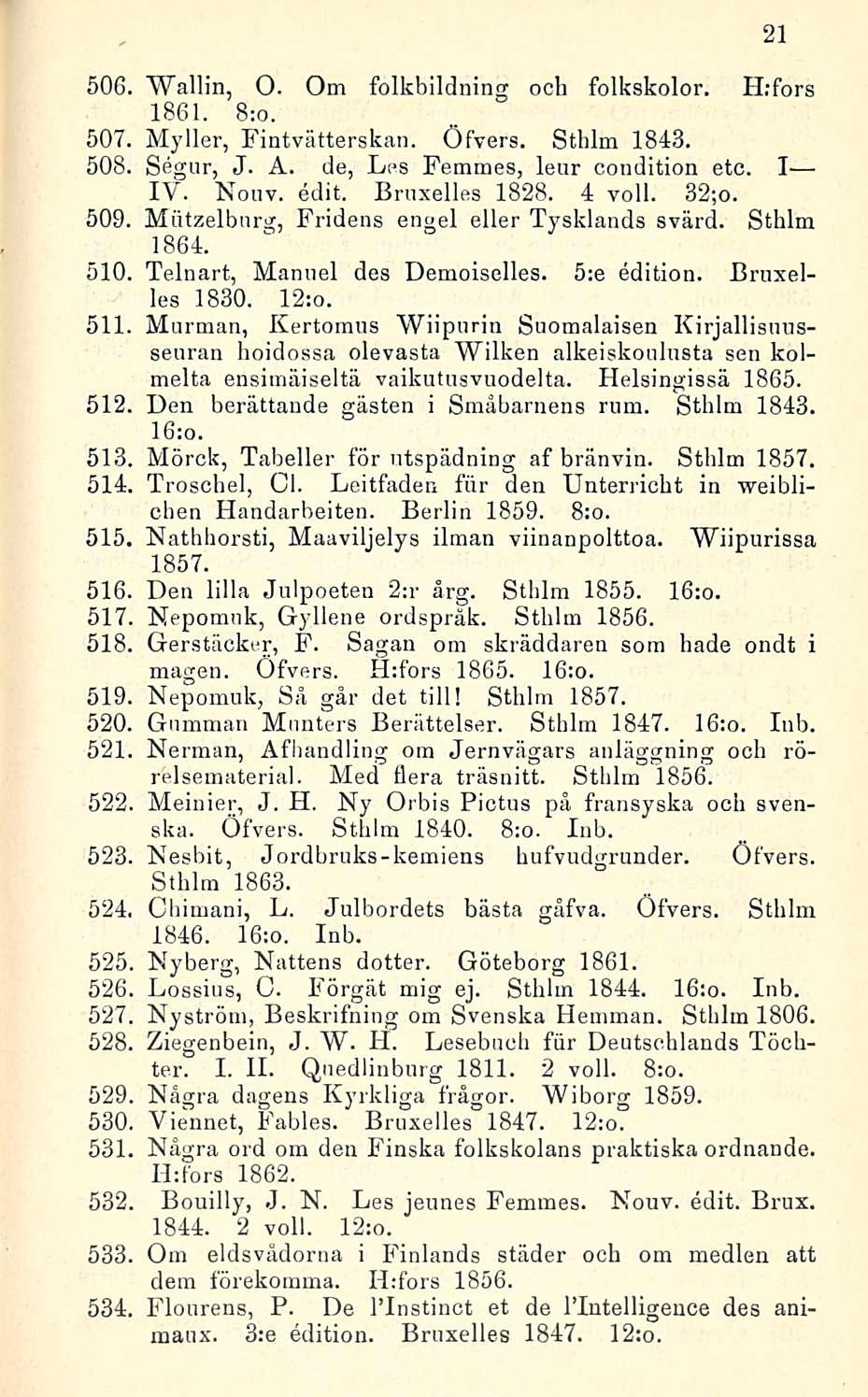 506, Wallin, O. Om folkbildning ooh folkskolor. H;fors 1861. 8:o. Myller, Fintvätterskan. Öfvers. Sthlm 1843. Segur, J. A. de, Les Femmes, leur condition etc. l IV. Nonv. edit. Brnxelles 1828. 4 voll.