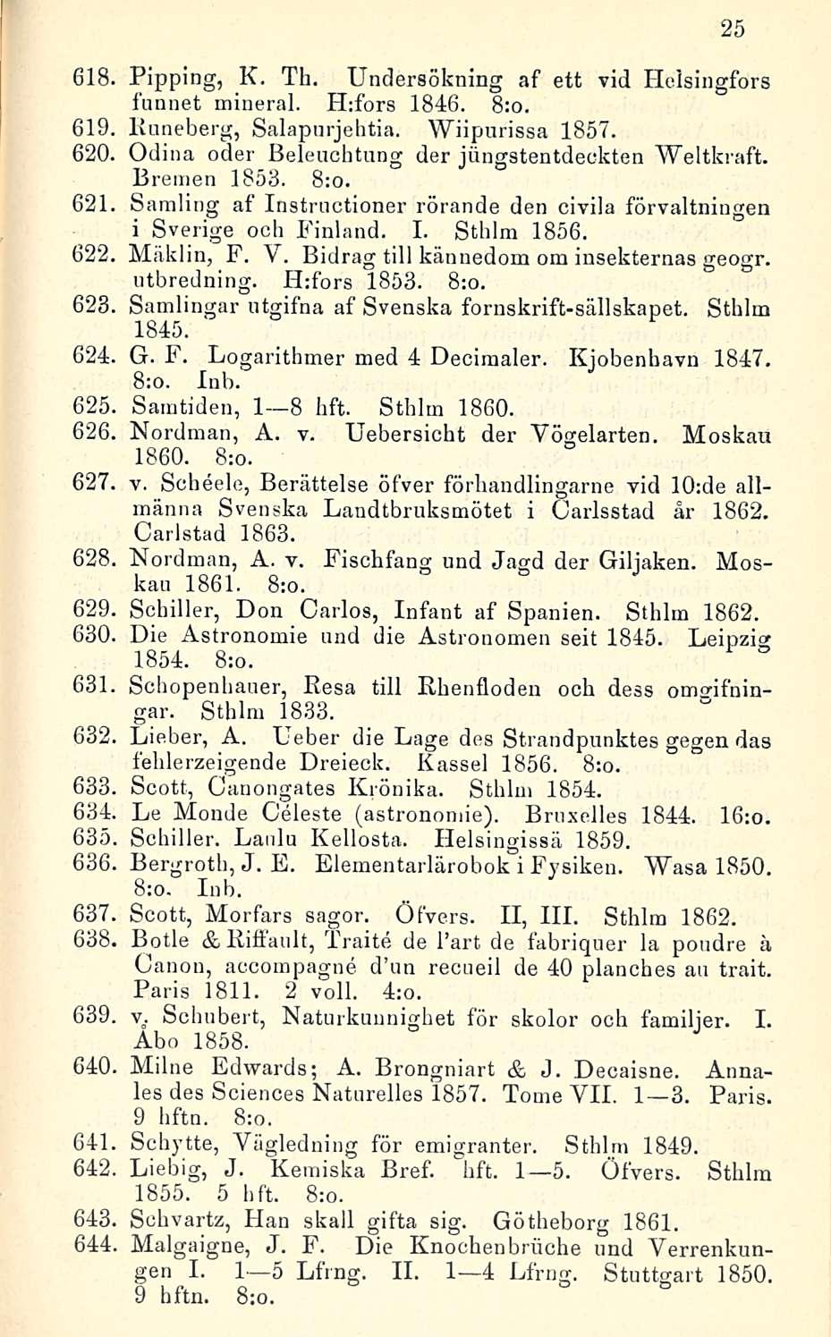 618. Pipping, K. Th. Undersökning af ett vid Helsingfors tunnet mineral. H:fors 1846. 8:o. 619, Runeberg, Salapurjehtia. Wiipurissa 1857. 620. Odina oder Beleuchtung der jungstentdeckten Weltkraft.