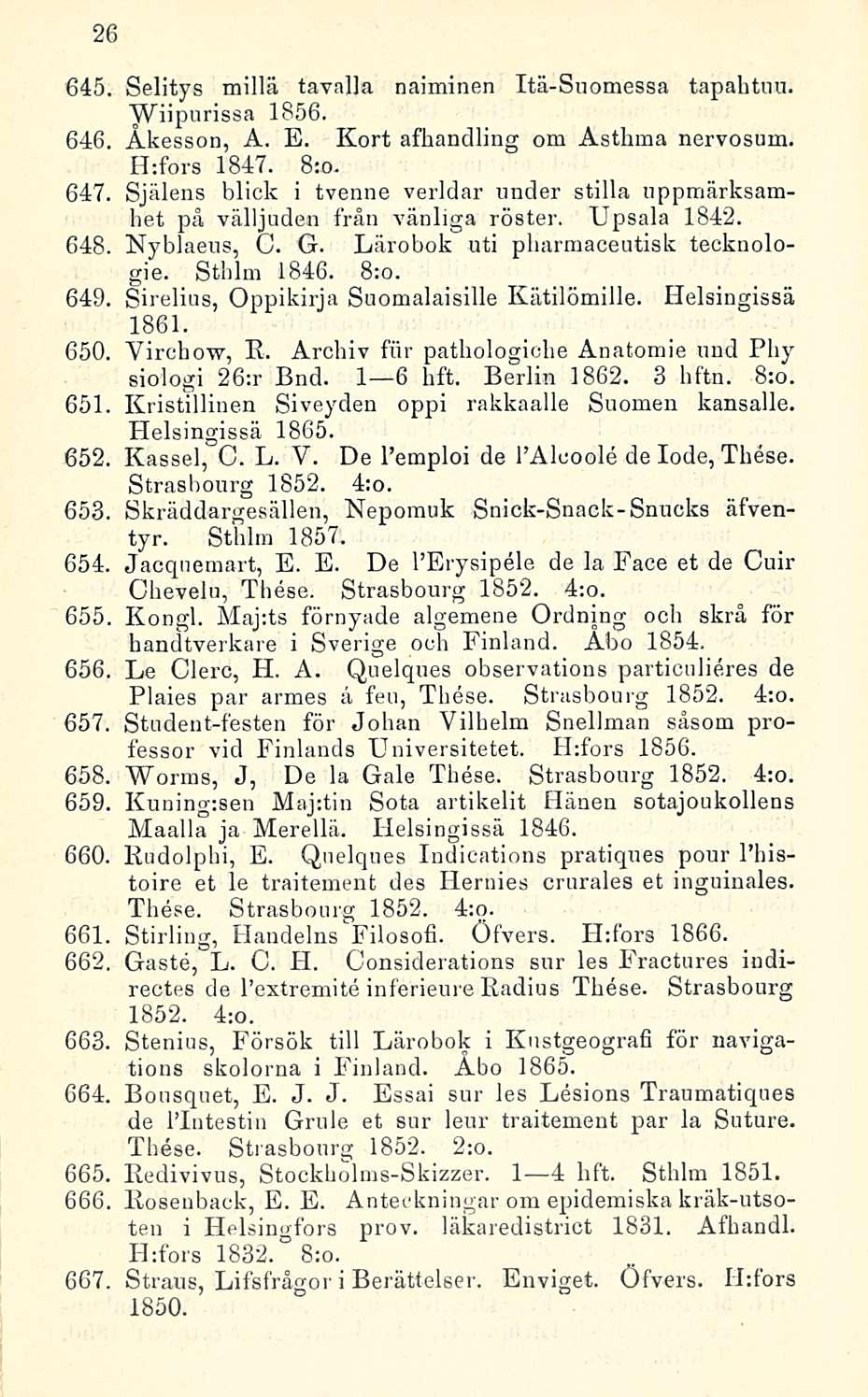26 645 Selitys millä tavalla naiminen Itä-Suomessa tapahtuu. 1856. 646, Åkesson, A. E. Kort afhandling om Asthma nervosum. H:fors 1847. 8:o.