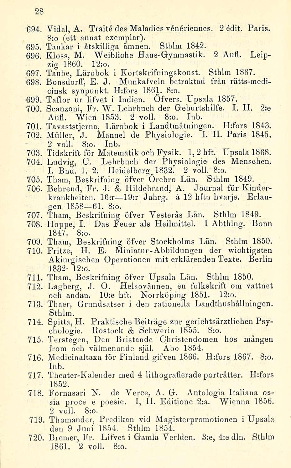 28 694. Vidal, A. Traite des Maladies veneriennes. 2 edit. Paris. 8:o (ett annat exemplar). 695. Tankar i åtskiliiga ämnen. Sthlm 1842. 696. Kloss, M. Weibliche Haus-Gymnastik. 2 Aufl. Leipzig 1860.
