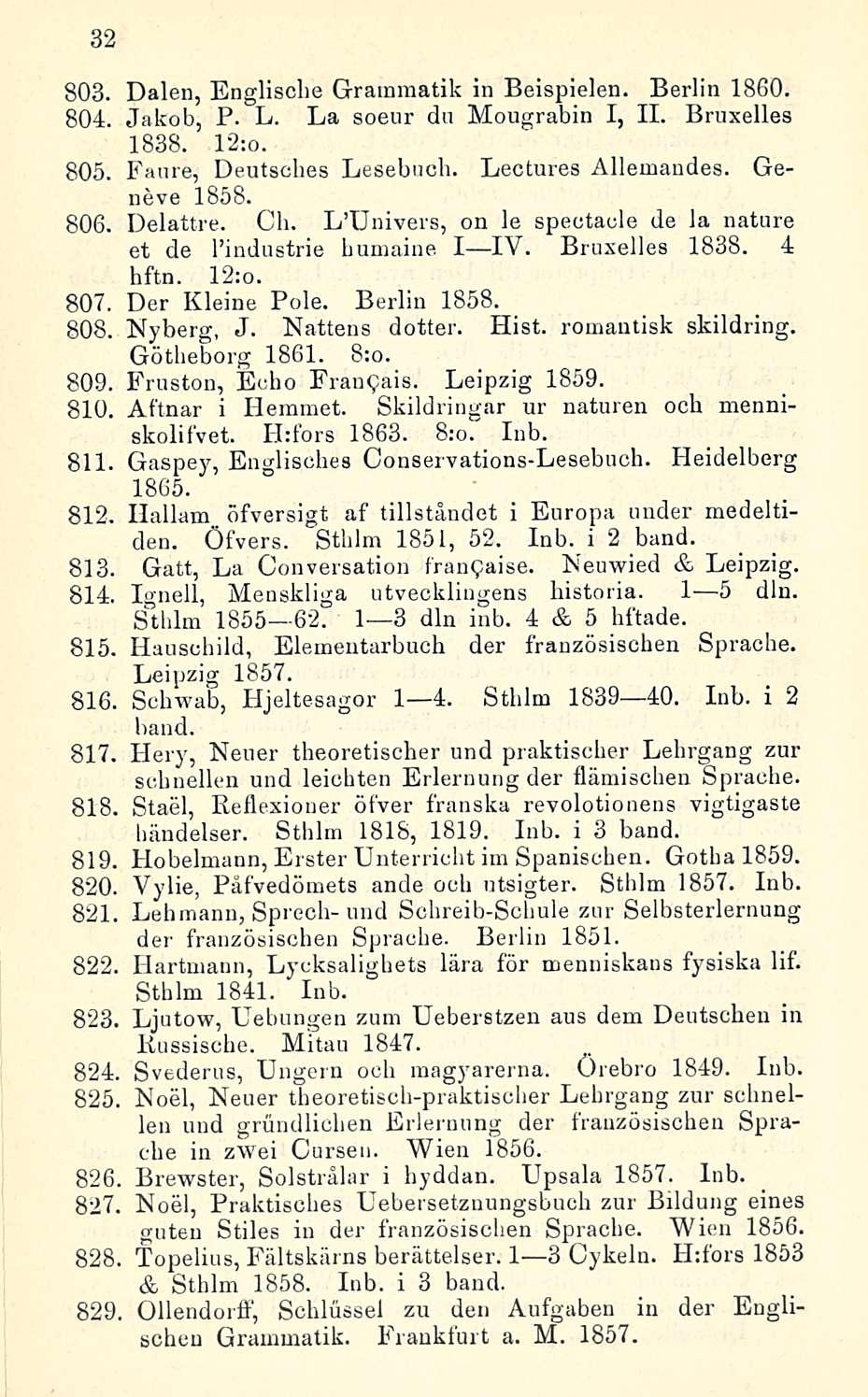 32 803. 804. 805. 806. Dalen, Englisclie Grammatik in Beispielen. Berlin 1860. Jakob, P. L. La soeur du Mougrabin I, 11. Bruxelles 1838. 12:o. Faure, Deutscbes Lesebucb. Lectures Allemandes.