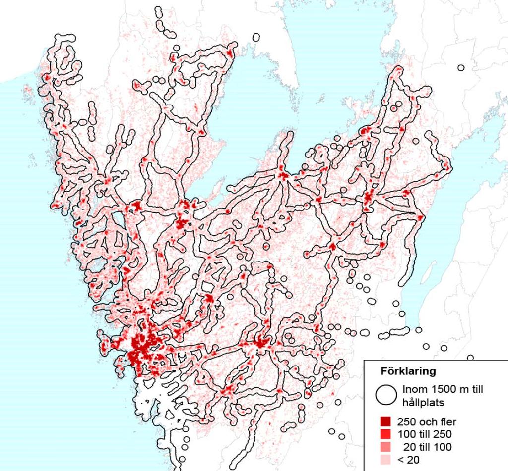 40(62) 253 000 personer) som bodde på landsbygden och endast 6 % (ca 95 000 personer) som inte hade tillgång till kollektivtrafik (anropsstyrd trafik exkluderad) enligt ovanstående definition.