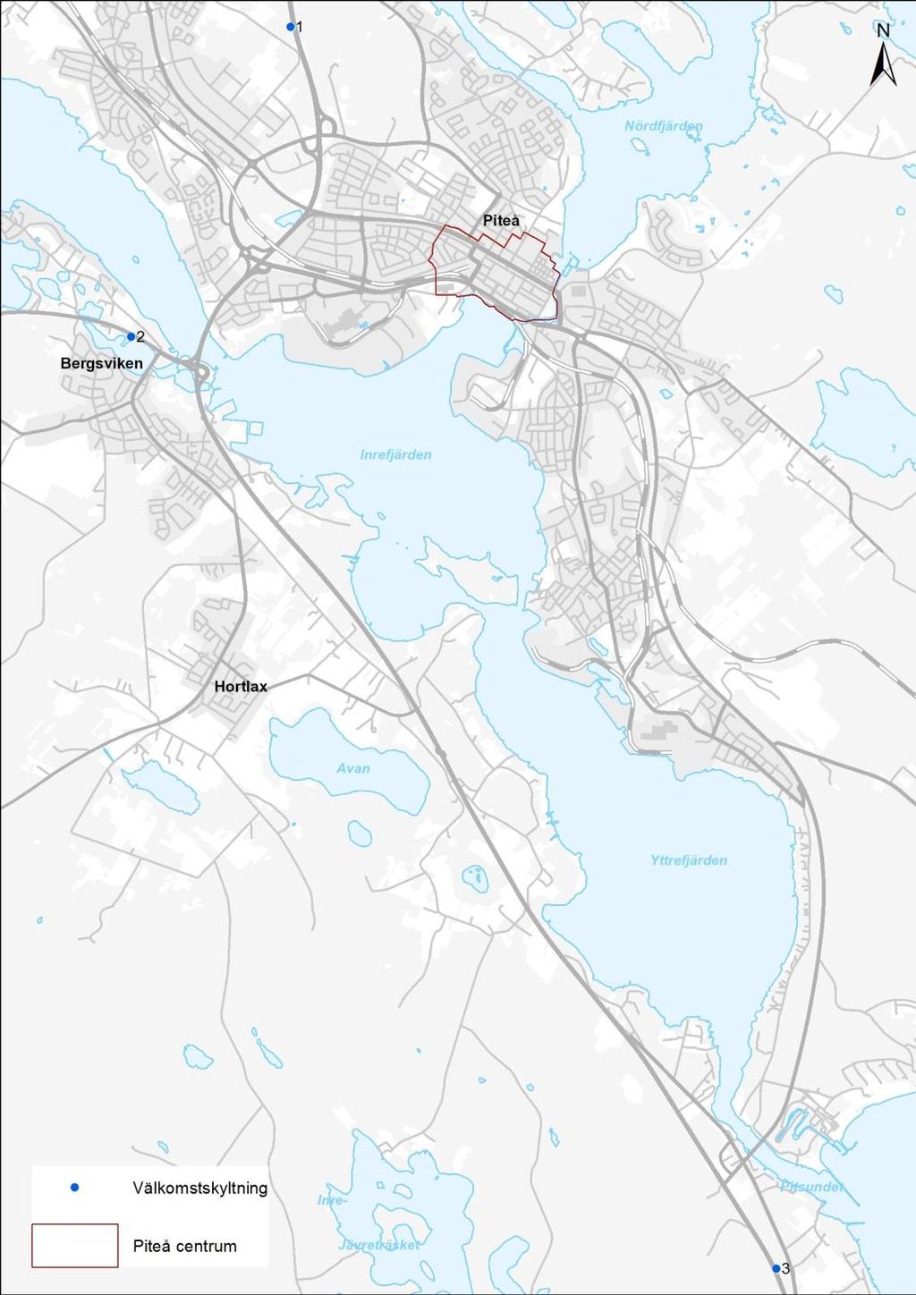 Kartbild 4: Välkomstskyltning Välkommen till Piteå 1 Intill E4, vid norra infarten 2