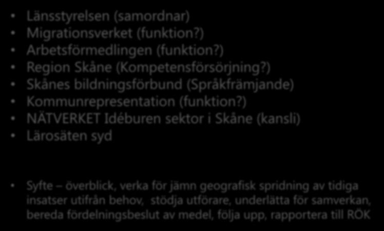 Ex. regional samordningsgrupp TIA Länsstyrelsen (samordnar) Migrationsverket (funktion?) Arbetsförmedlingen (funktion?) Region Skåne (Kompetensförsörjning?