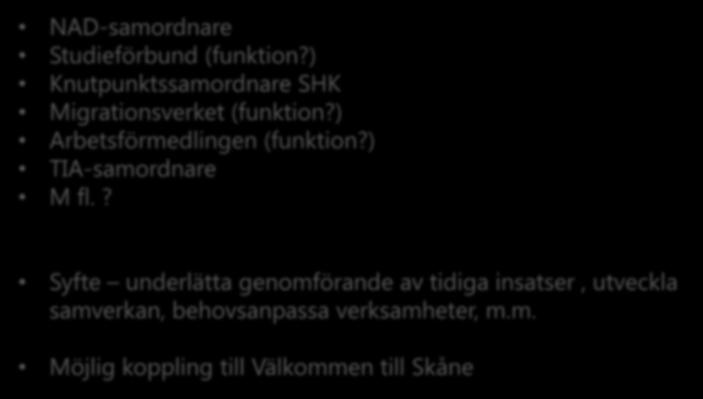 Ex. delregional arbetsgrupp TIA knutpunkt NAD-samordnare Studieförbund (funktion?) Knutpunktssamordnare SHK Migrationsverket (funktion?) Arbetsförmedlingen (funktion?