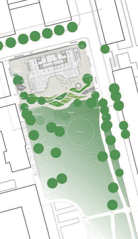 Förslagets volymidé är att ställa den relativt höga bostadsbyggnaden på en fritt formad bottenvåning som böljar ut i parken.