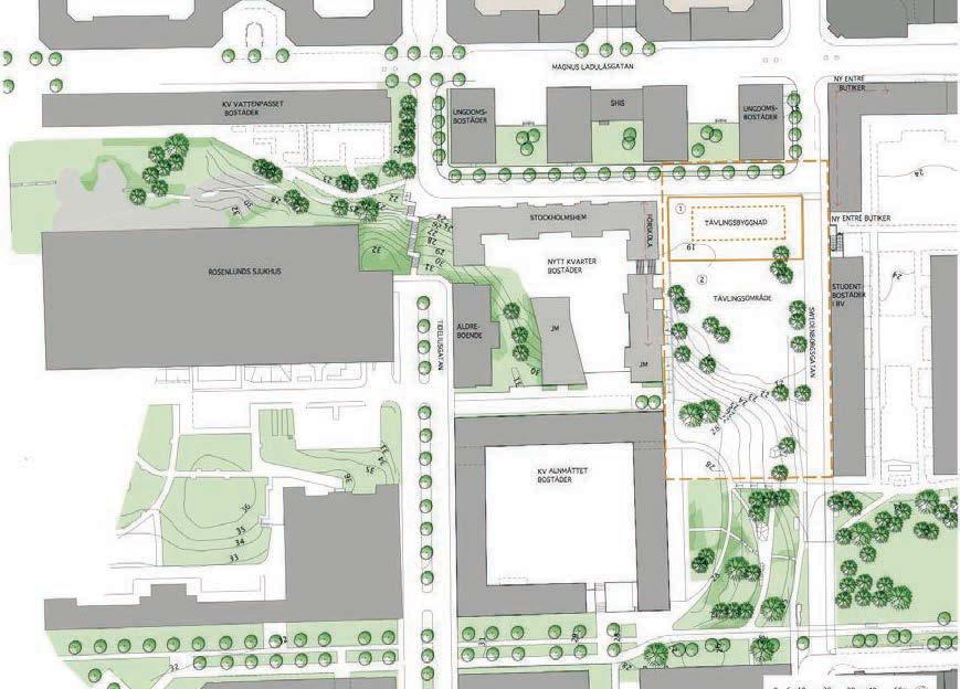 Tävlingsområdet i Rosenlundsparken omfattar bostadshuset med dess närmaste omgivning (1) och del av parkområdet (2). och mot parken, gärna lokaler för en större restaurang eller ett kafé.