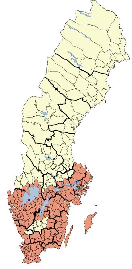 Figur 5. I större delen av södra Sverige är markavvattning förbjuden (rödfärgade kommuner). Det innebär ett hårdare bevarandeskydd och att prövningen av markavvattning ska ske i två steg.