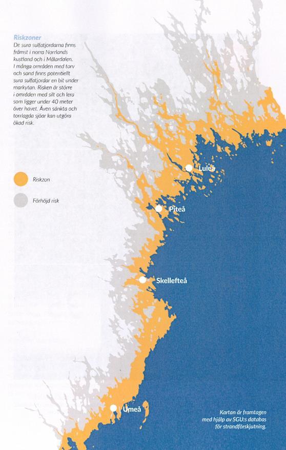 Figur 15. Riskområden för sura sulfatjordar i norra Sverige. Kartan är framtagen av SGU för projekt VIMLA https://vimlavatten.