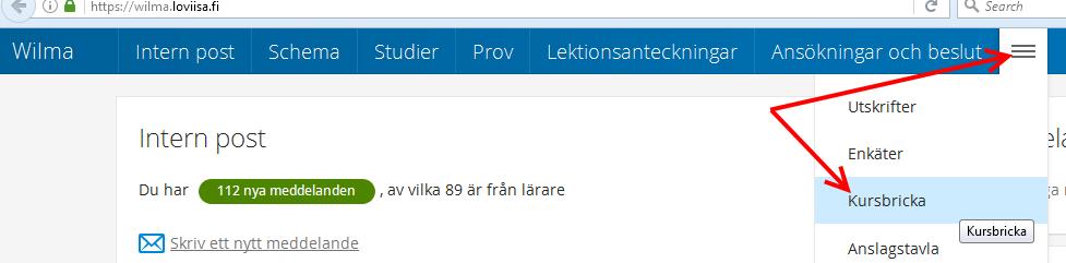 2. Logga in på Wilma, har du glömt ditt lösenord får du ett nytt av studiehandledaren 3. Klicka på de tre strecken på menyraden och välj Kursbricka 4.