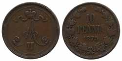 Coins, Finland / Mynt, Finland 543 544 543 KM 9.2 Alexander II 20 markkaa 1879 S. 01 or better)(01 1.700:- 544 Alexander II 10 penniä 1875. 1 1.000:- 545 545 Alexander II 1 penniä 1867.