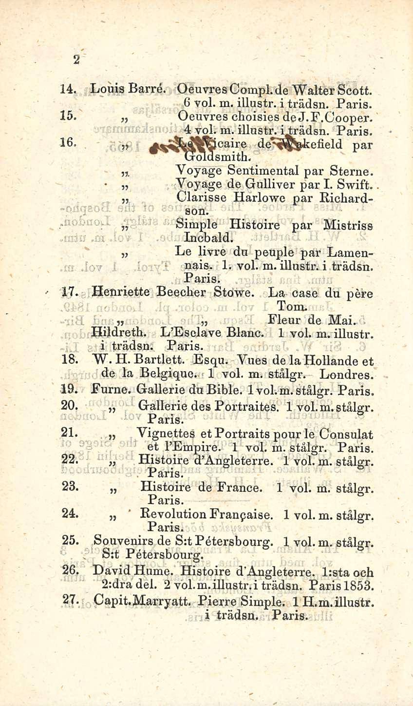 14. 15. 16. Louis Barre. OeuvresCompl.de Walter Scott. 6 voi. m. illustr. i trädsn. Paris. Oeuvres choisies de J.F.Cooper. 4 voi. m. illustr. iträdsn. Paris. Yoyage Sentimental par Sterne.