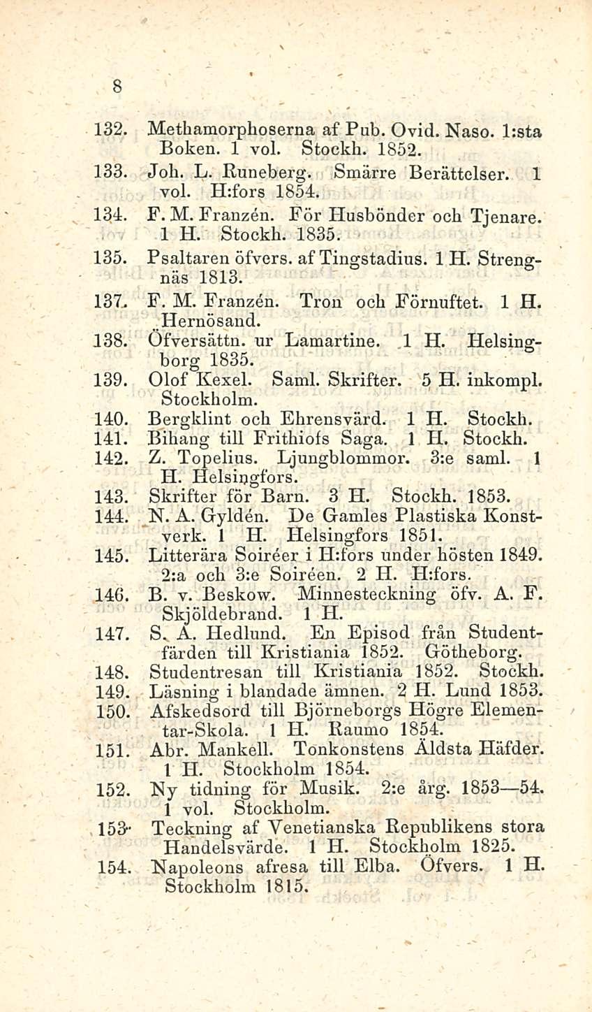 132. Methamorphoserna af Pub. Ovid. Naso. l:sta Boken. 1 voi. Stockh. 1852. 133. Job. L. Runeberg. Smärre Berättelser. 1 voi. H:fors 1854. 134. F. M. Franzen. För Husbönder ooh Tjenare. 1 H. Stockh. 1835.