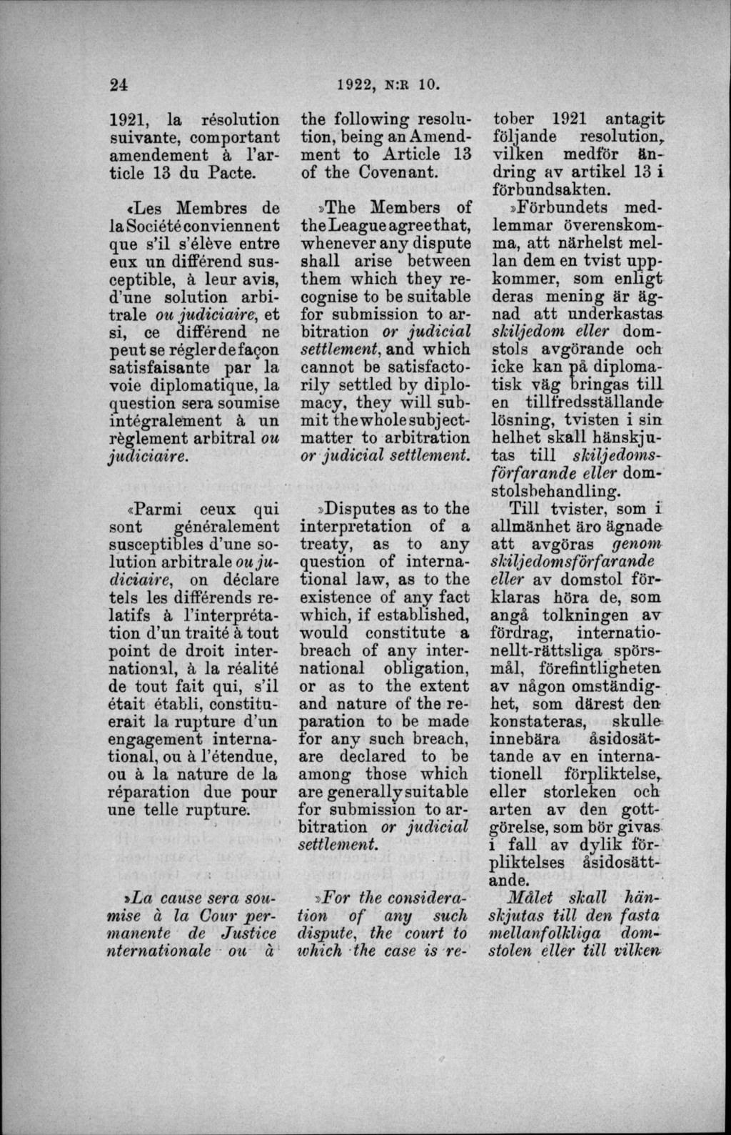 1921, la résohition suivante, comportant amendement ä l article 13 du Pacte.