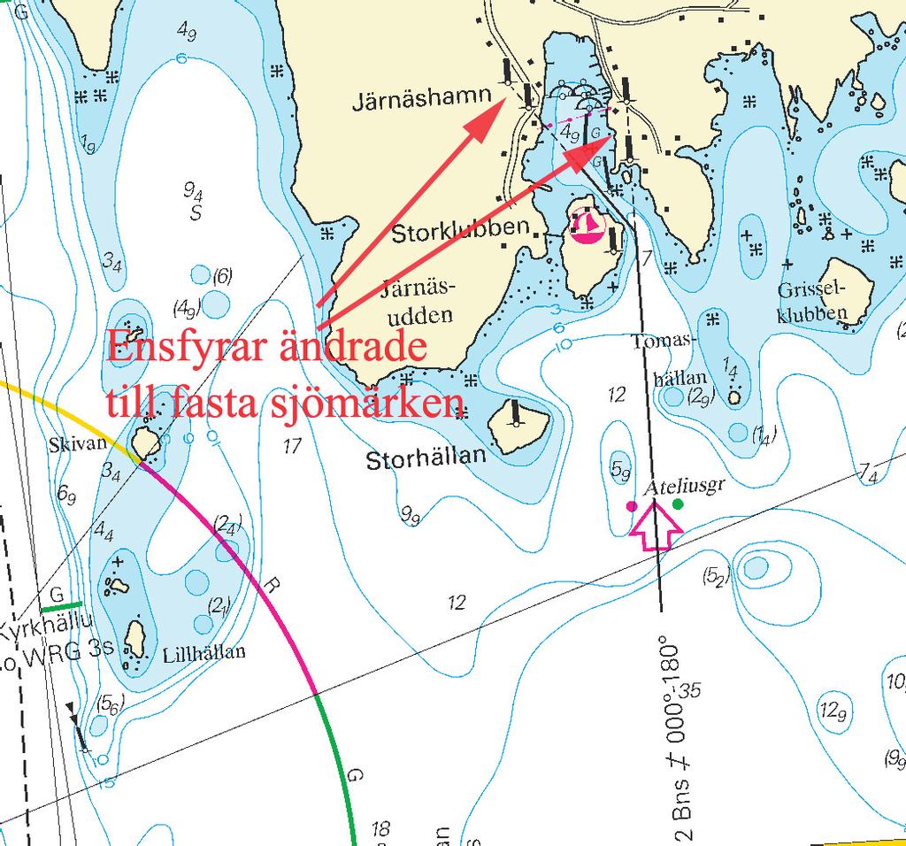 9 Nr 206 Norra Kvarken / The Quark * 4746 Sjökort/Chart: 513, 514 Sverige. Norra Kvarken. Järnäshamn. Ensfyrar släckta, ändras till fasta sjömärken.