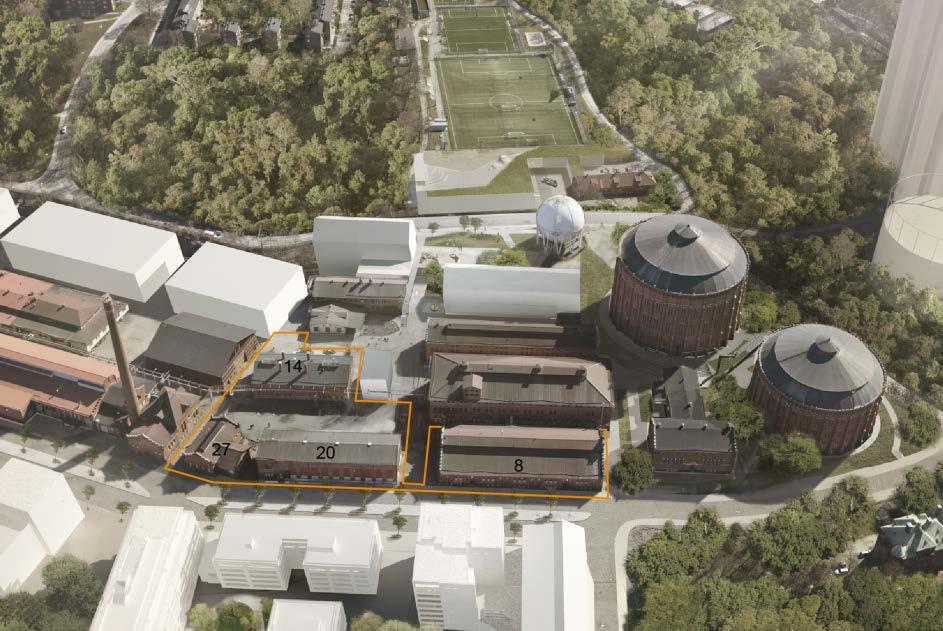Sida 29 (58) Planförslag Montage med föreslagna volymer inom Gasverket västra samt planerade volymer i Gasverket östra. Planområde för Lilla Gasverket markerat med orange linje.
