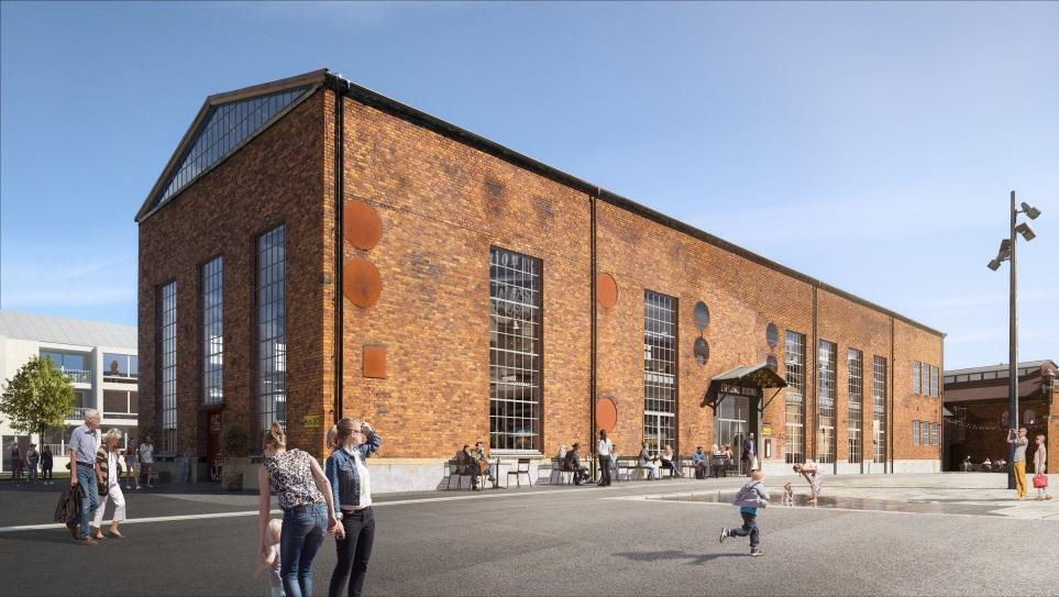 Sida 34 (58) bostäder och kontor. Ambitionen för huset är att inte städa upp för mycket utan bevara spår av industriverksamheten. Befintlig betongtrappa, travers med krok renoveras (q2).