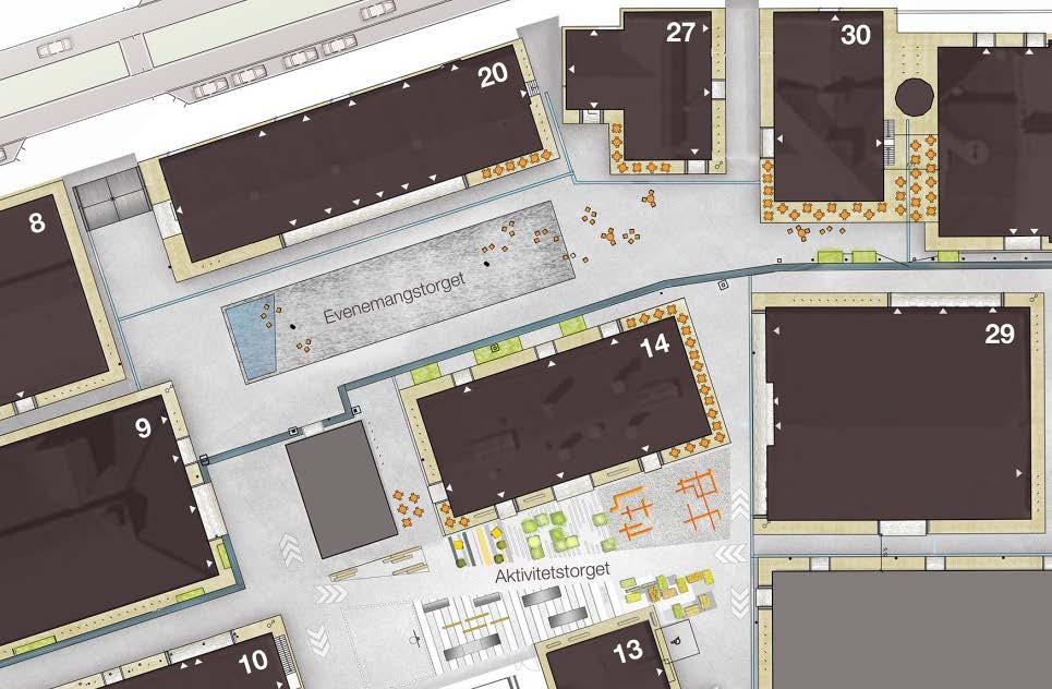 Sida 37 (58) Illustrationsplan över Evenemangstorget och Aktivitetstorget (Sweco Architects) Aktivitetstorget Aktivitetstorget är utformat för att både utgöra en resurs för hela stadsdelen och