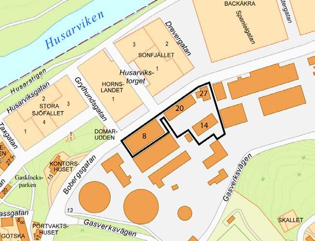 Sida 8 (58) Planområdets ungefärliga utbredning samt husens nummer Läge, areal, markägoförhållanden Planområdet Lilla Gasverket är en del av gasverksområdet.