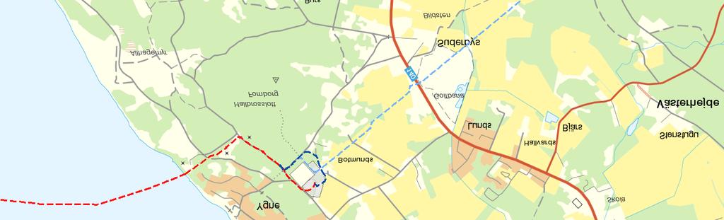I ansökan för likströmsförbindelsen var markkabelsträckan på fastlandet till Misterhult ca 7,3 km (se ljusblå streckad linje i figur 1.3) och den nu föreslagna sträckan till Ekhyddan är ca 1 km.