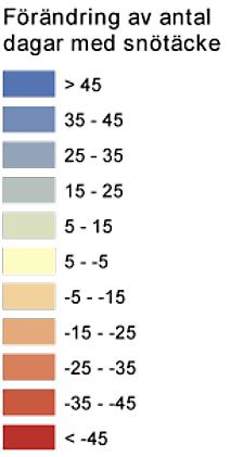 FIGUR 5. Beräknad förändring av antalet dagar med snötäcke i perioden 2021 2050 jämfört med medelvärdet för perioden 1961 1990. I det vita området saknas data. FIGUR 6.