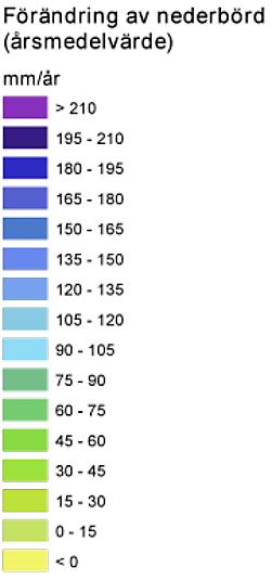 FIGUR 7. Beräknad förändring i årsmedelnederbörd (Δmm) i Norrbotten i tidsperspektivet 2069-2098 i förhållande till perioden 1961 1990. I det vita området saknas data. FIGUR 8.
