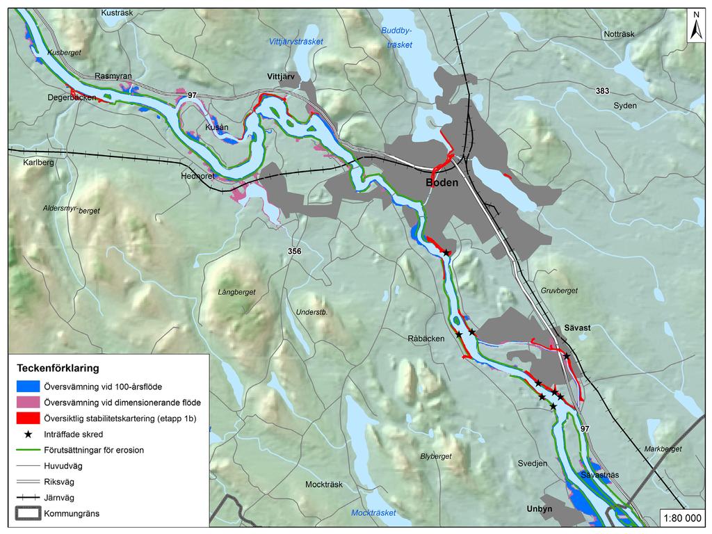FIGUR 11. Översvämnings- och stabilitetskarteringar omkring centralorten Boden. öka något, i delar av kommunen, för att därefter främst minska.