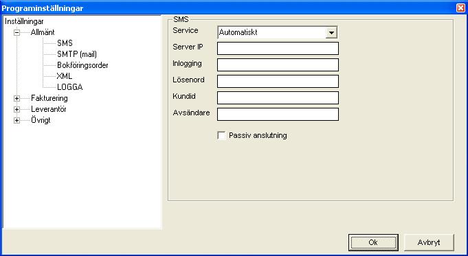 Grundinställningar Inställningarna utförs i Avance Verktyg. Gå upp i menyn på Arkiv och välj Programinställningar. Dubbelklicka på Allmänt och och välj SMS.