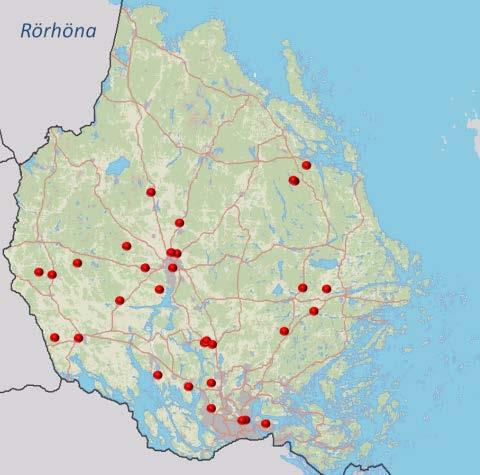 32 För att räknas som häckande har det räckt att observera ett ex. Vid inventeringen observerades rörhöns i 31 vatten med sammanlagt 39 par.