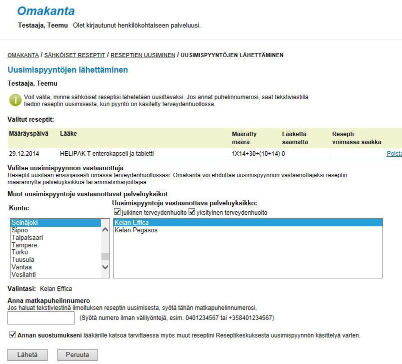 Insändande av begäran om förnyelse 2/5 Mina Kanta-sidor hämtar en lista över enheter som tar emot begäran om förnyelse från registret över socialoch hälsovårdsorganisationer.