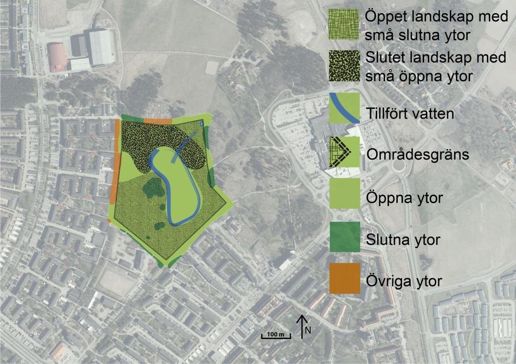 Gränbyparken Gränbyparken (se figur 12) består av övervägande del öppna ytor och vi anser att de bör kompletteras med slutna ytor för att öka variationen i miljön.