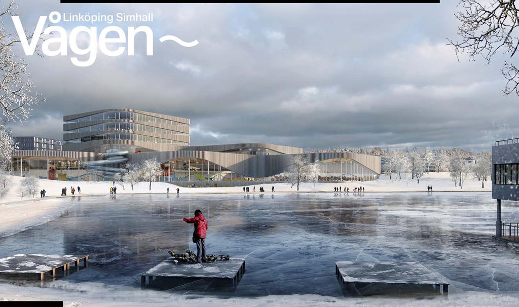 Linköpings nya simhall står täckt av rimfrost en vinterdag. Den böljande fasaden öppnar sig mot sjön och visar upp aktiviteterna innanför.