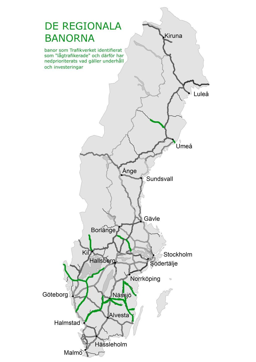 Följande banor med persontågstrafik är berörda 1 Stångådalsbanan: Linköping - Kinda- Vimmerby - Hultsfred - Högsby - Mönsterås - Kalmar 2 Tjustbanan: Linköping - Åtvidaberg Västervik 3 Nässjö -