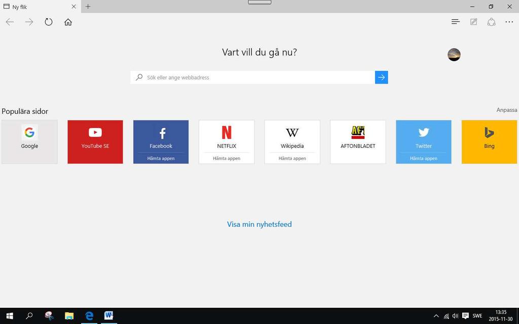 Microsoft Edge ny webbläsare i Windows 10.